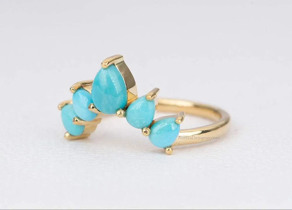 Pear Shape Turquoise 14K Gold Wedding Band Unique Curve Crown Ring December Birthstone AD1456T