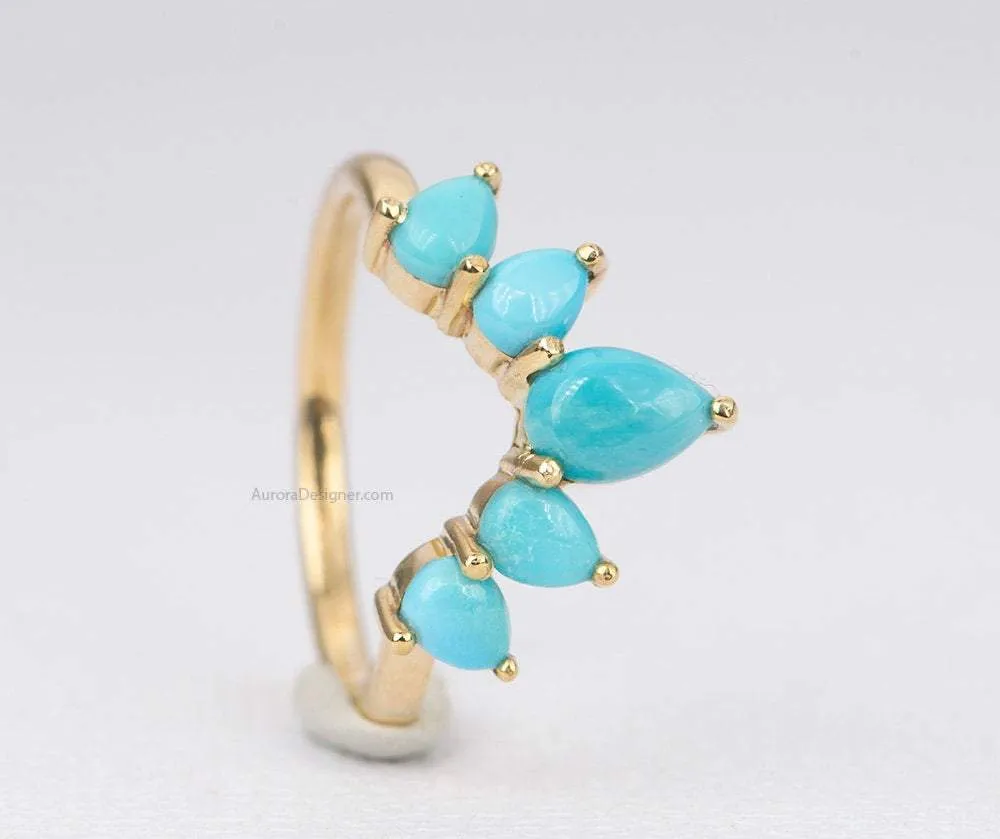 Pear Shape Turquoise 14K Gold Wedding Band Unique Curve Crown Ring December Birthstone AD1456T