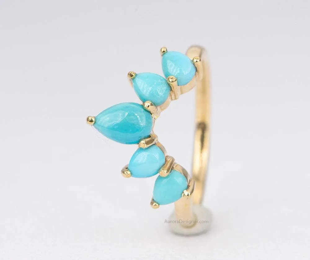 Pear Shape Turquoise 14K Gold Wedding Band Unique Curve Crown Ring December Birthstone AD1456T