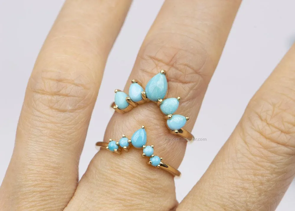 Pear Shape Turquoise 14K Gold Wedding Band Unique Curve Crown Ring December Birthstone AD1456T