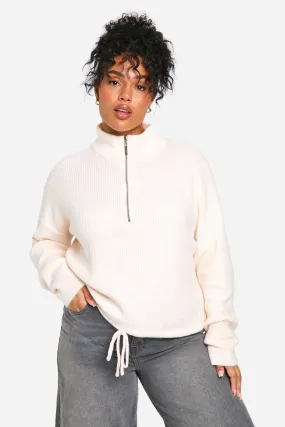 Plus Drawstring Zip Funnel Neck Sweater