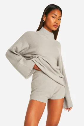 Premium Rib Knitted Oversized High Neck Sweater And Knitted Short Set