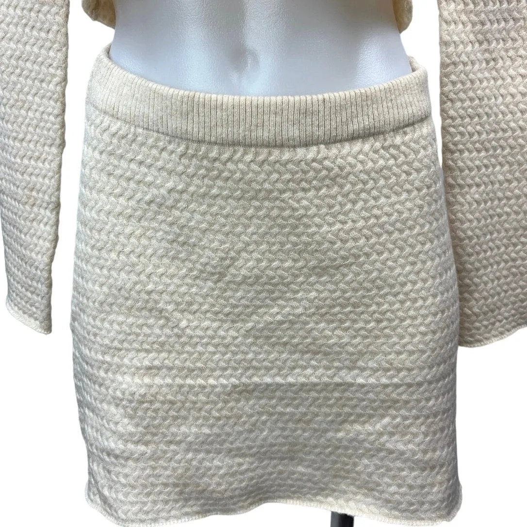 Princess Polly Cream Cropped Crew Neck Long Sleeve Two Piece Skirt Set Size 4