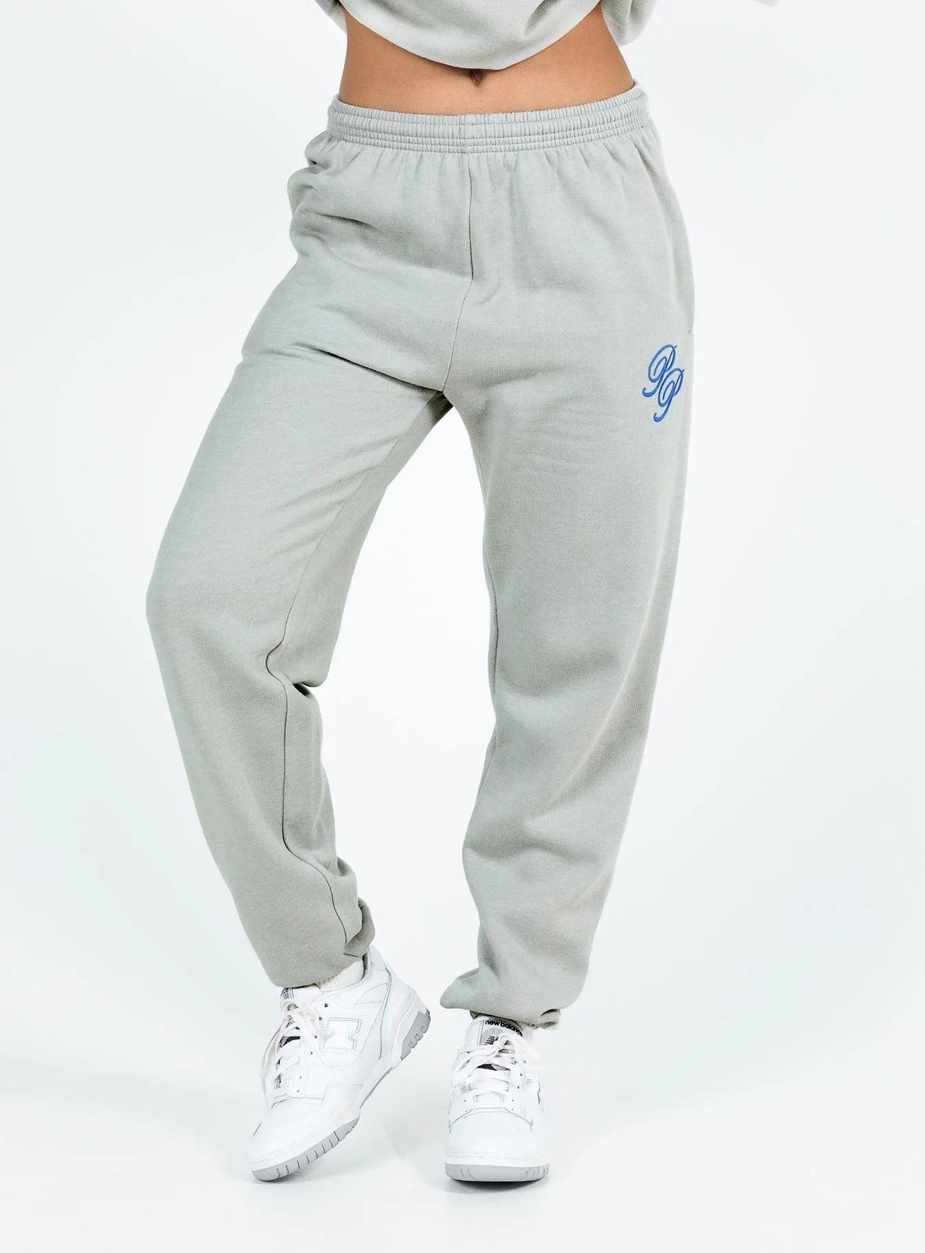 Princess Polly Track Pants Cursive Text Grey / Blue