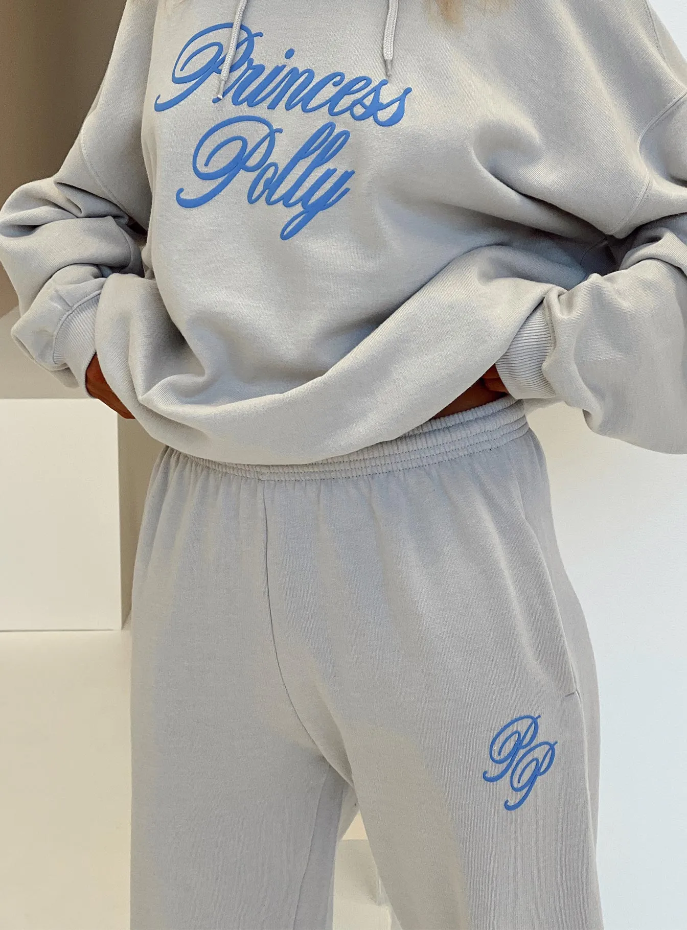 Princess Polly Track Pants Cursive Text Grey / Blue