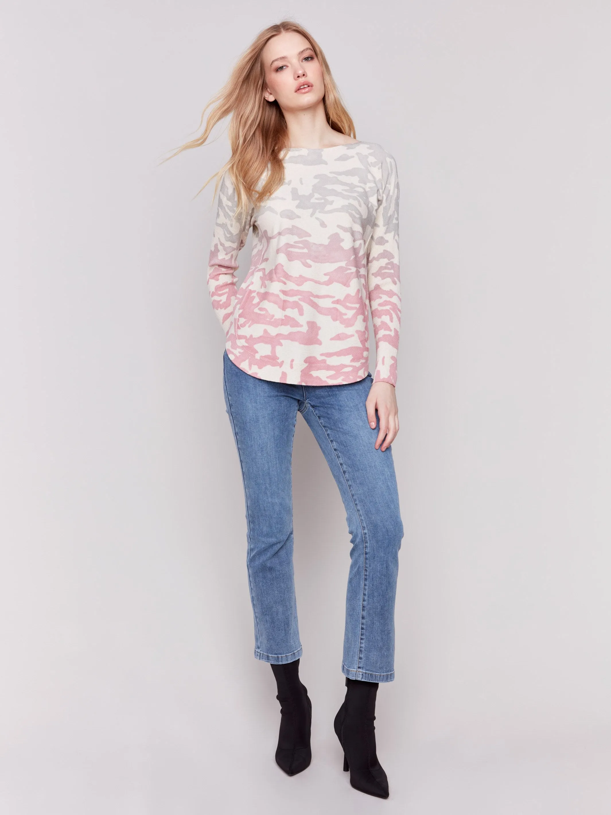 Printed Plush Knit Sweater - Grey