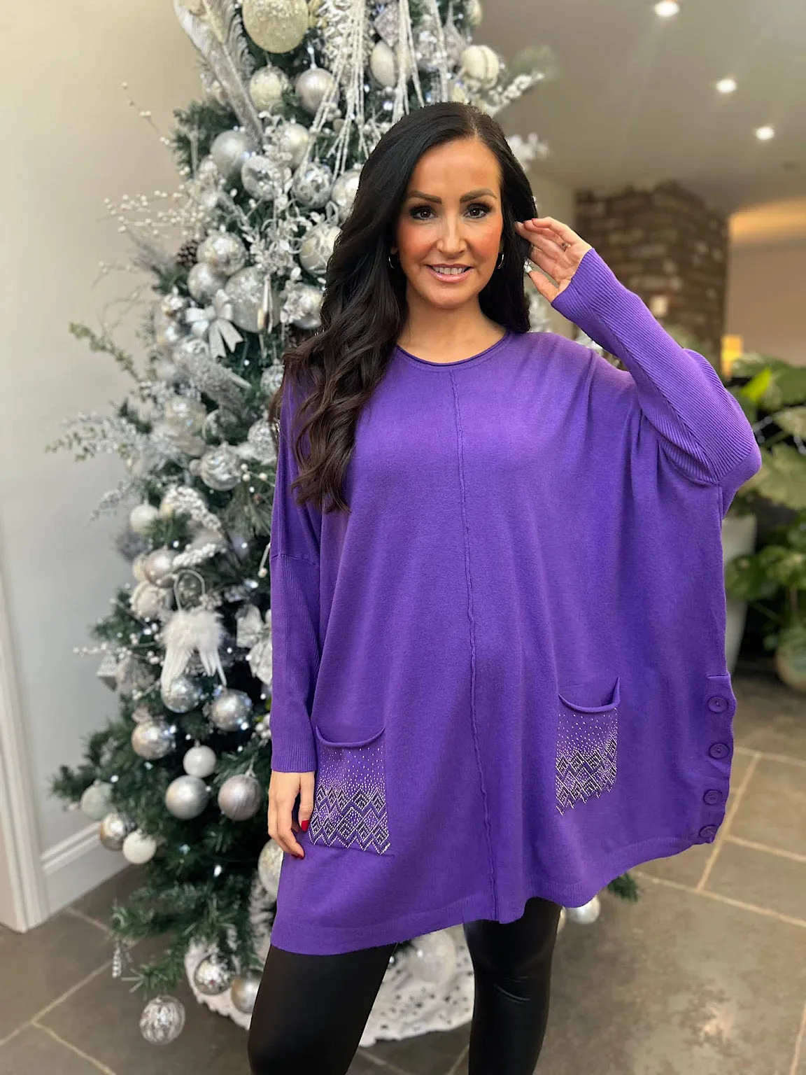 Purple Diamante Aztec Pocket Top Ashley