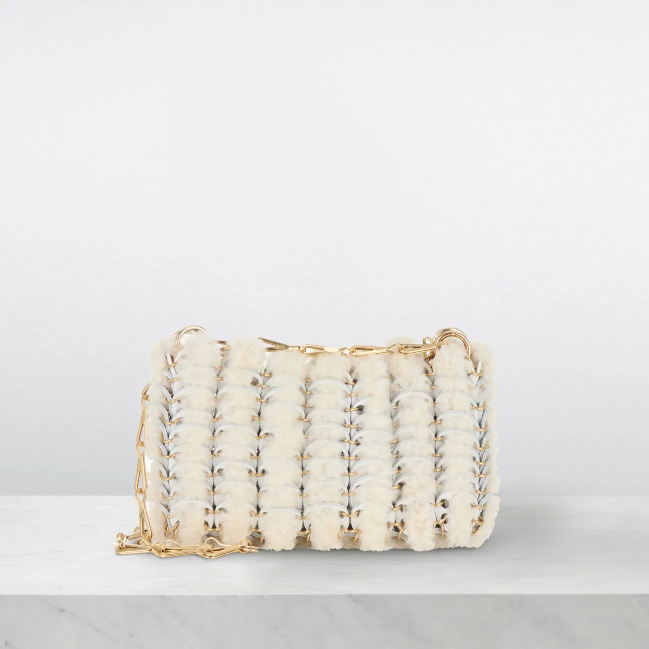 RABANNE 1969 Shearling Disc Crossbody Bag - Ecru  Gold