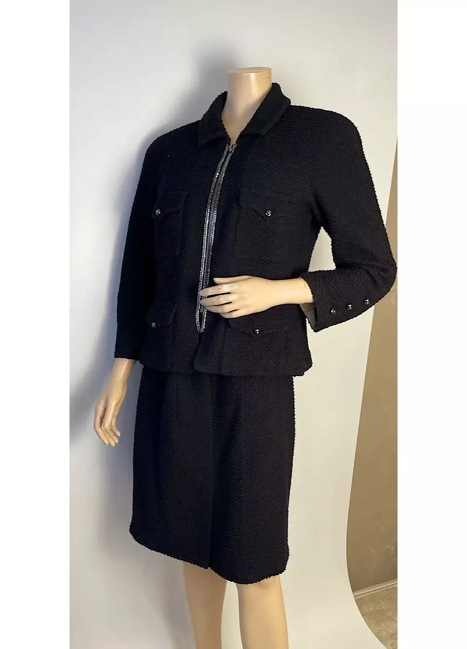 Rare Chanel Black Tweed Textured Skirt Suit w Chains/Zippers FR 44 US 8/10