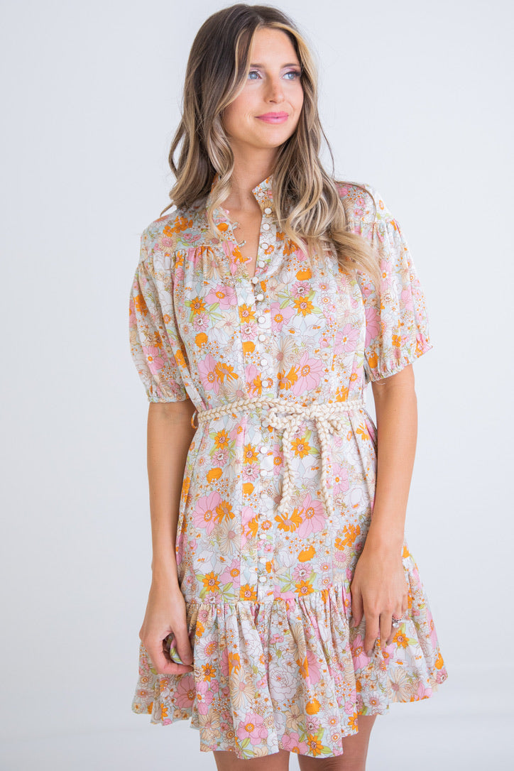 Retro Floral Rope Tie Dress