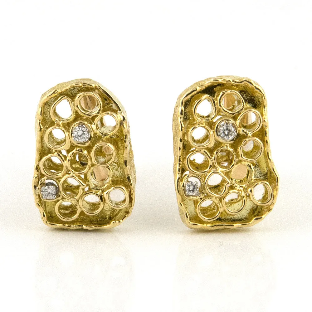 Retro Honeycomb 18K Yellow Gold and Diamond Cufflinks