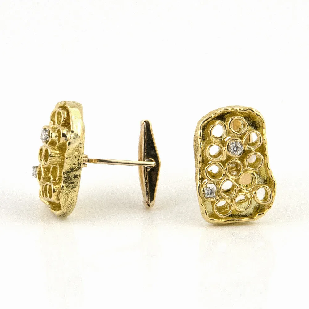 Retro Honeycomb 18K Yellow Gold and Diamond Cufflinks