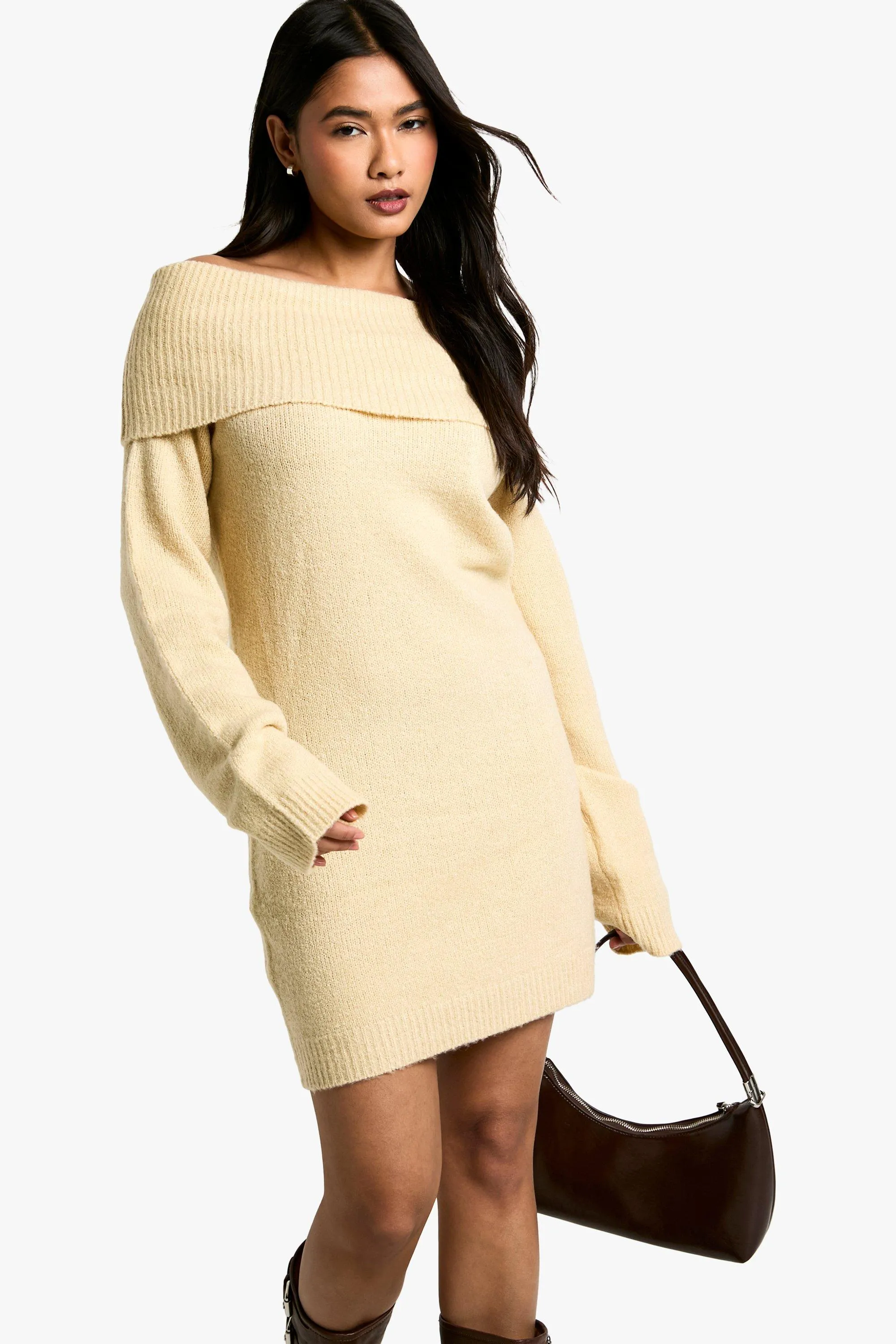 Rib Off The Shoulder Neckline Mini Sweater Dress