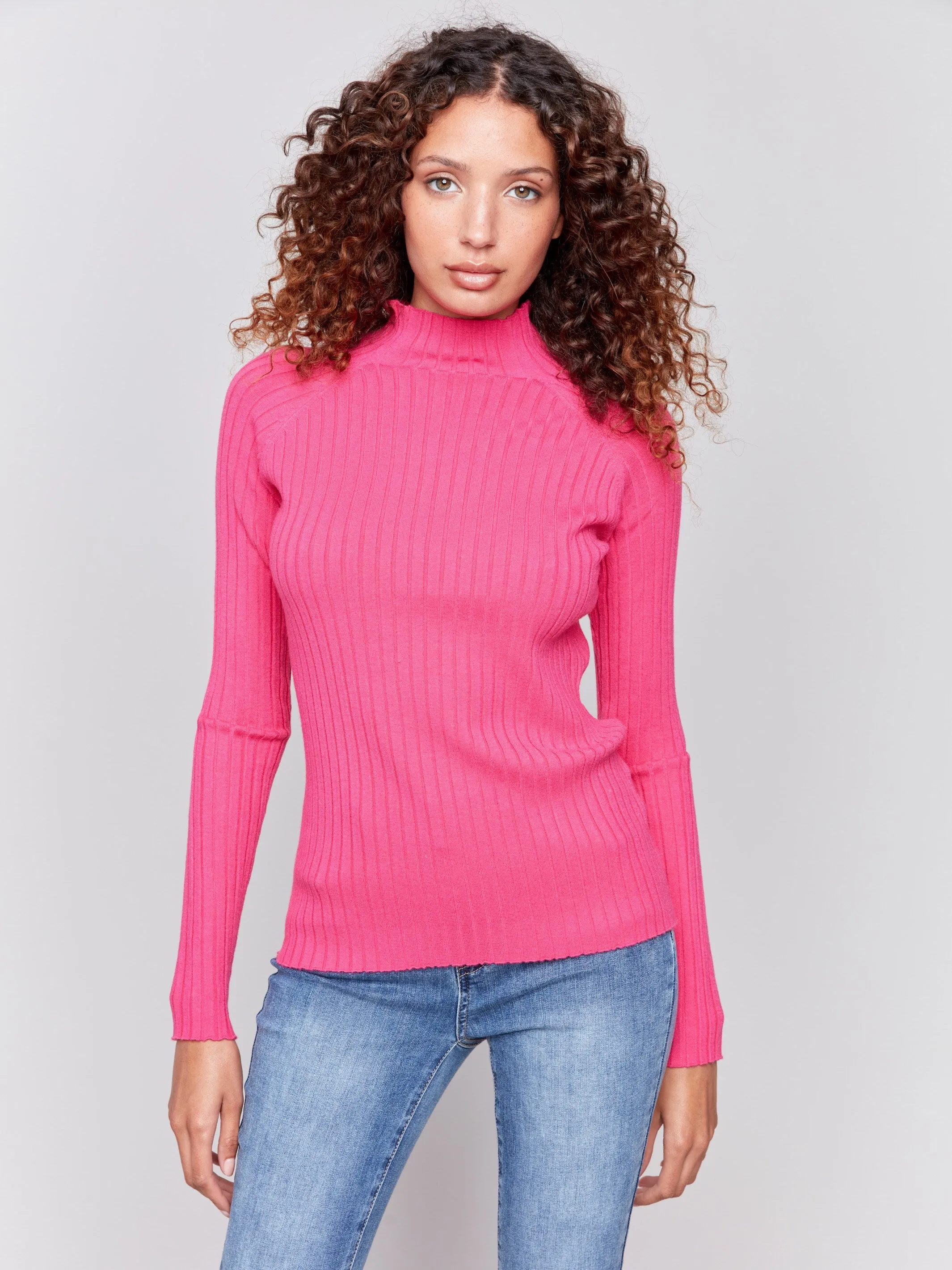 Ribbed Knit Mock Neck Sweater - Magenta