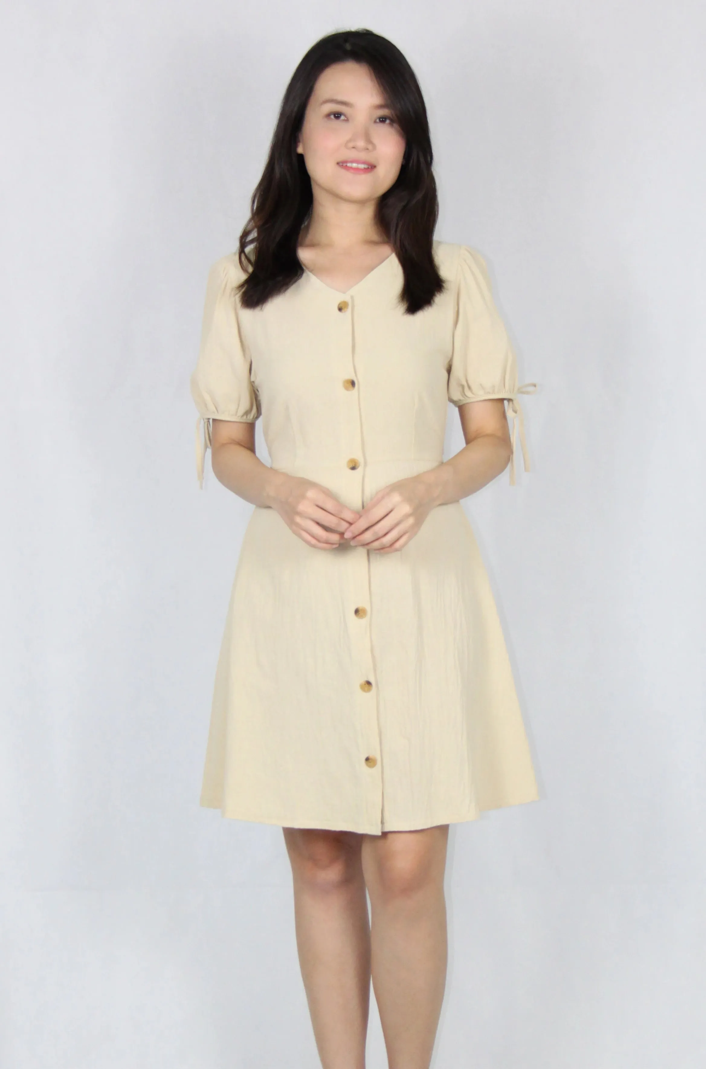 Sleeve Tie V Neck Button Up Dress in Beige