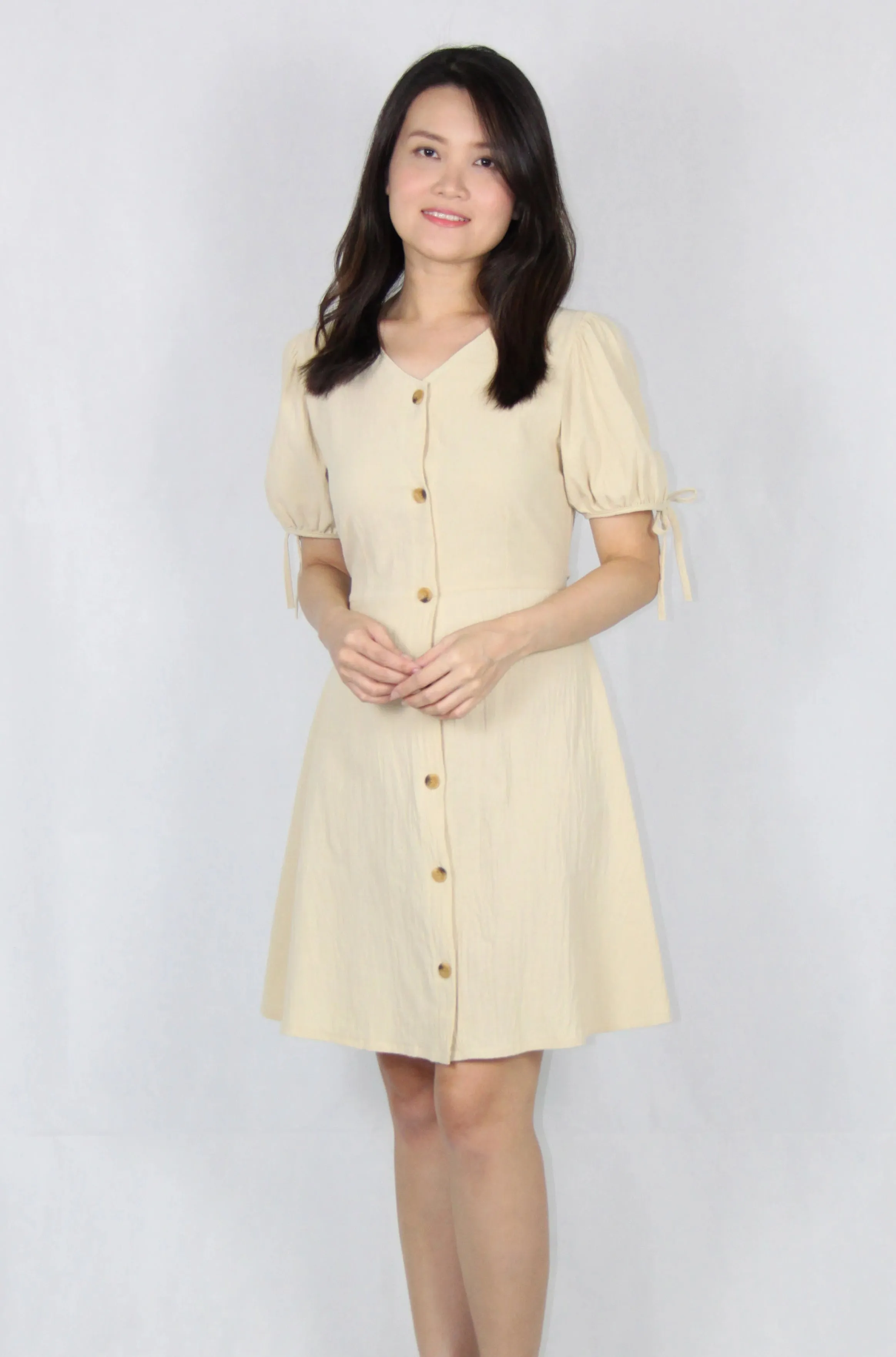 Sleeve Tie V Neck Button Up Dress in Beige