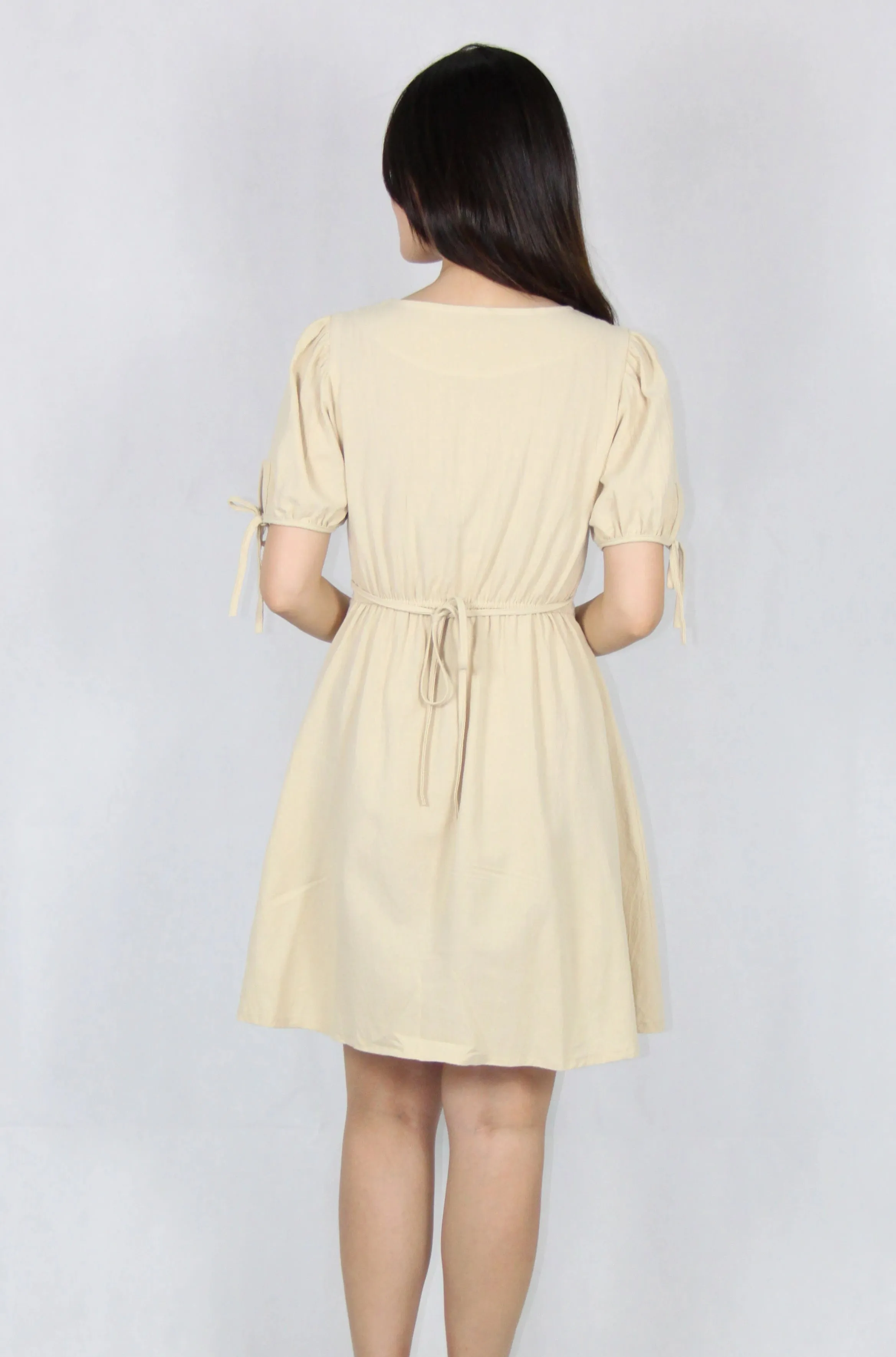 Sleeve Tie V Neck Button Up Dress in Beige