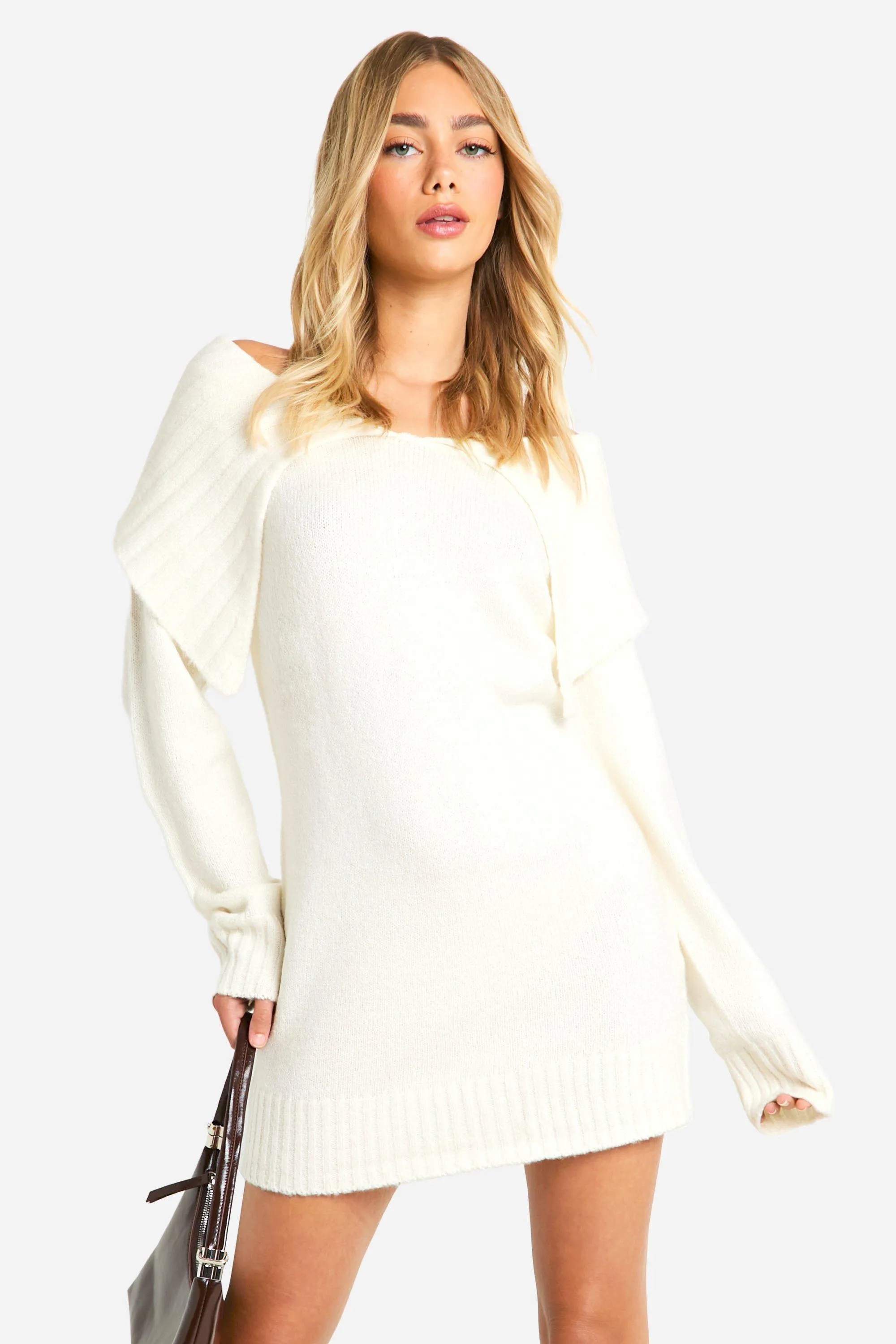 Soft Knit Oversized Collar Off The Shoulder Sweater Dress