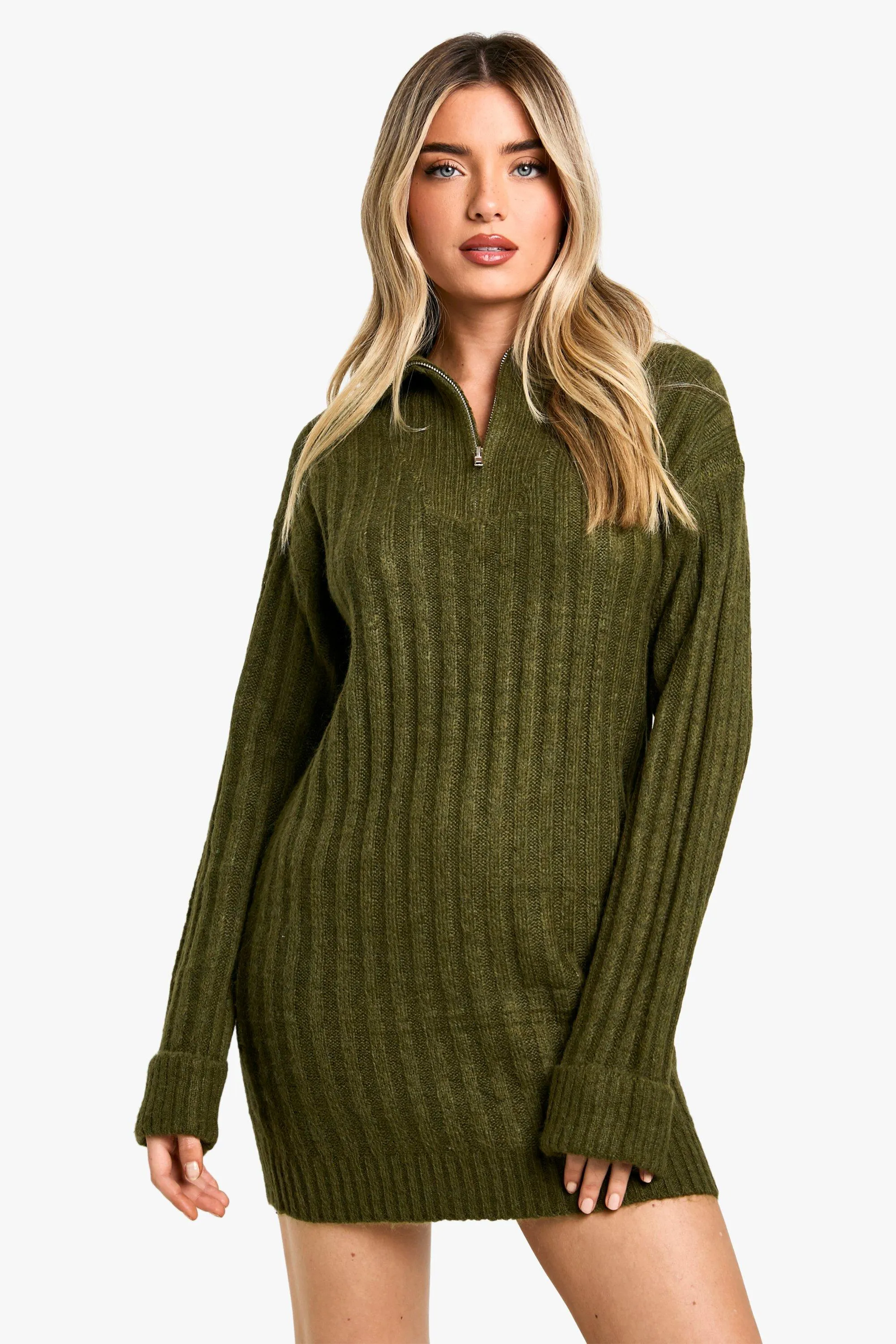 Soft Knit Rib Zip Neck Oversized Mini Sweater Dress