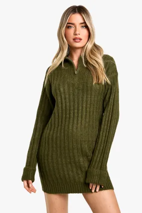 Soft Knit Rib Zip Neck Oversized Mini Sweater Dress