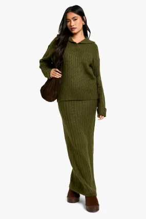 Soft Knit Thick Rib Collar Detail Sweater And Maxi Skirt Set