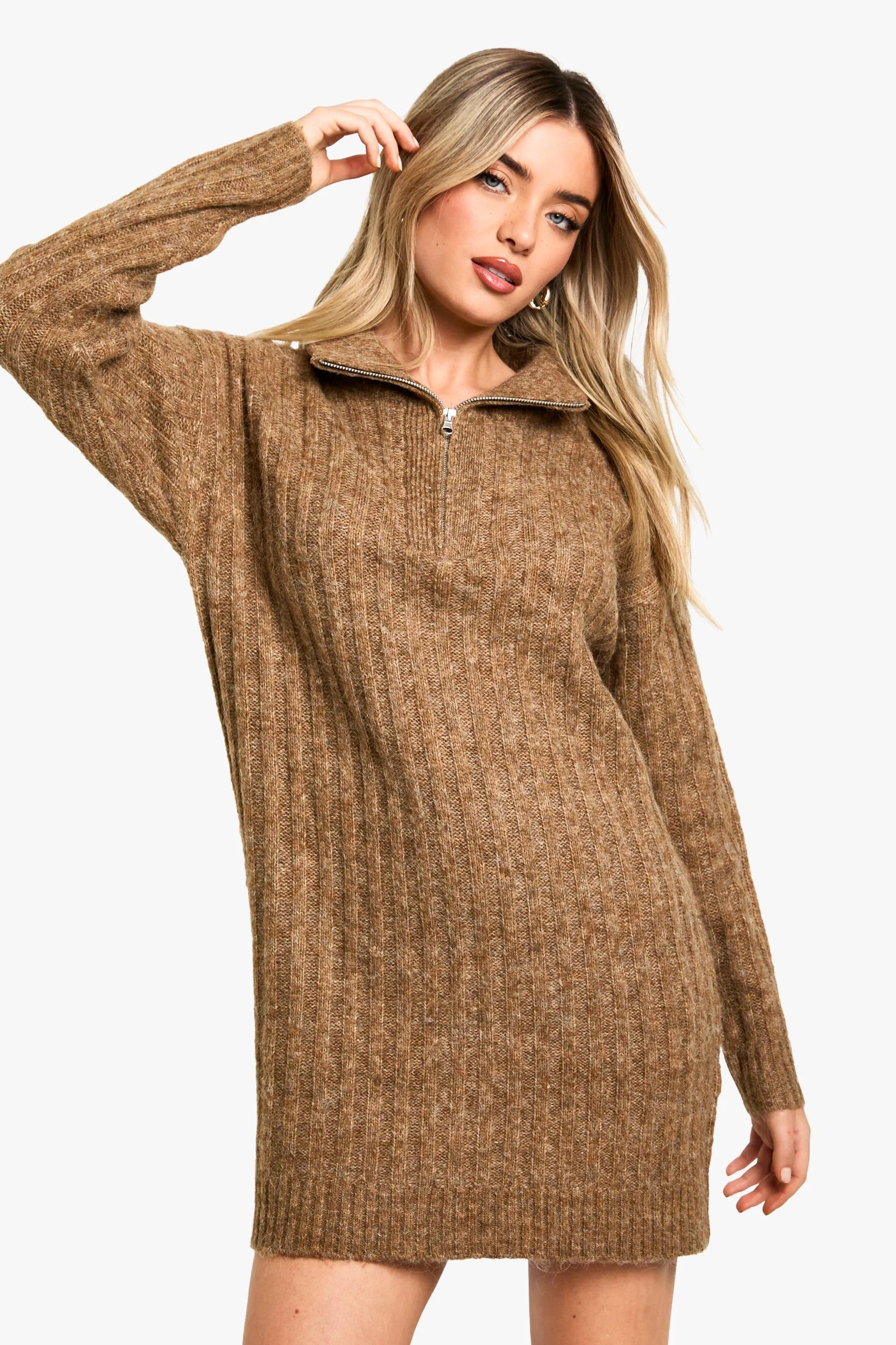 Soft Knit Thick Rib Zip Neck Oversized Sweater Dress