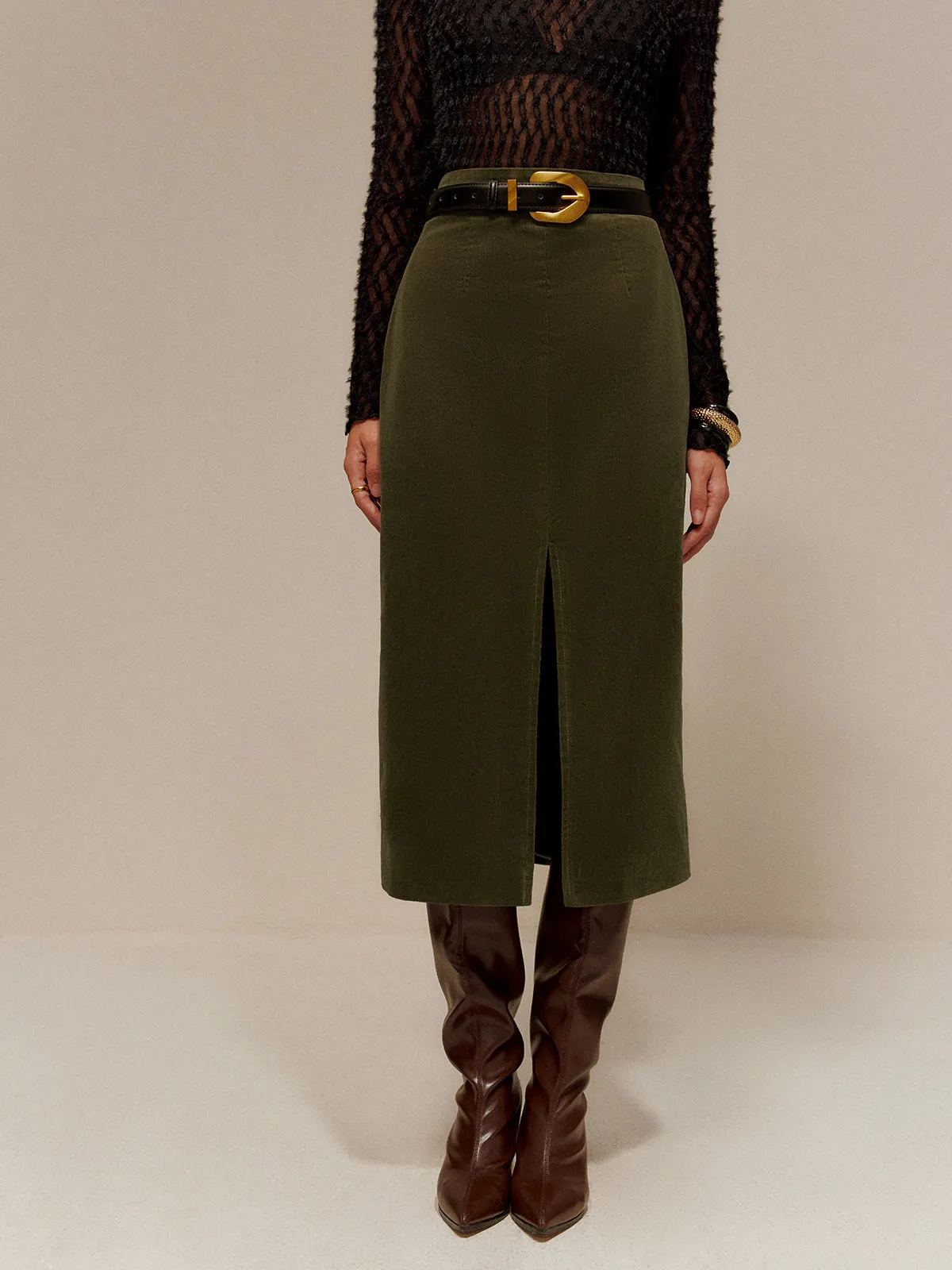 Split Front Corduroy Skirt Without Belt