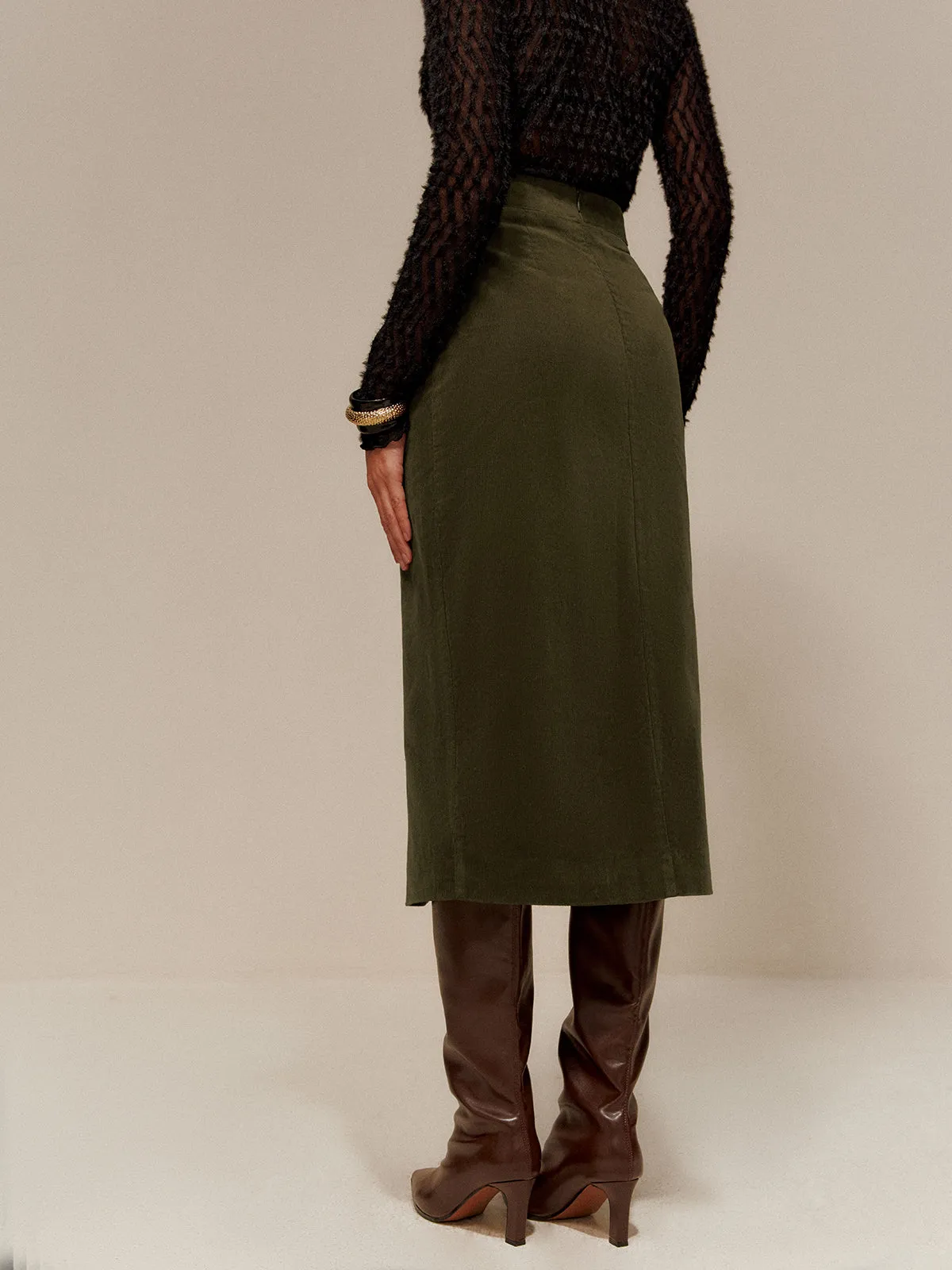 Split Front Corduroy Skirt Without Belt