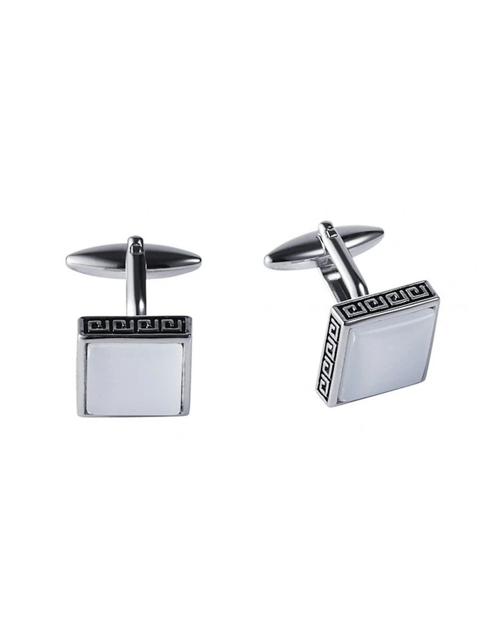 Square Cats Eye & Greek Key Boarder Cufflinks in White