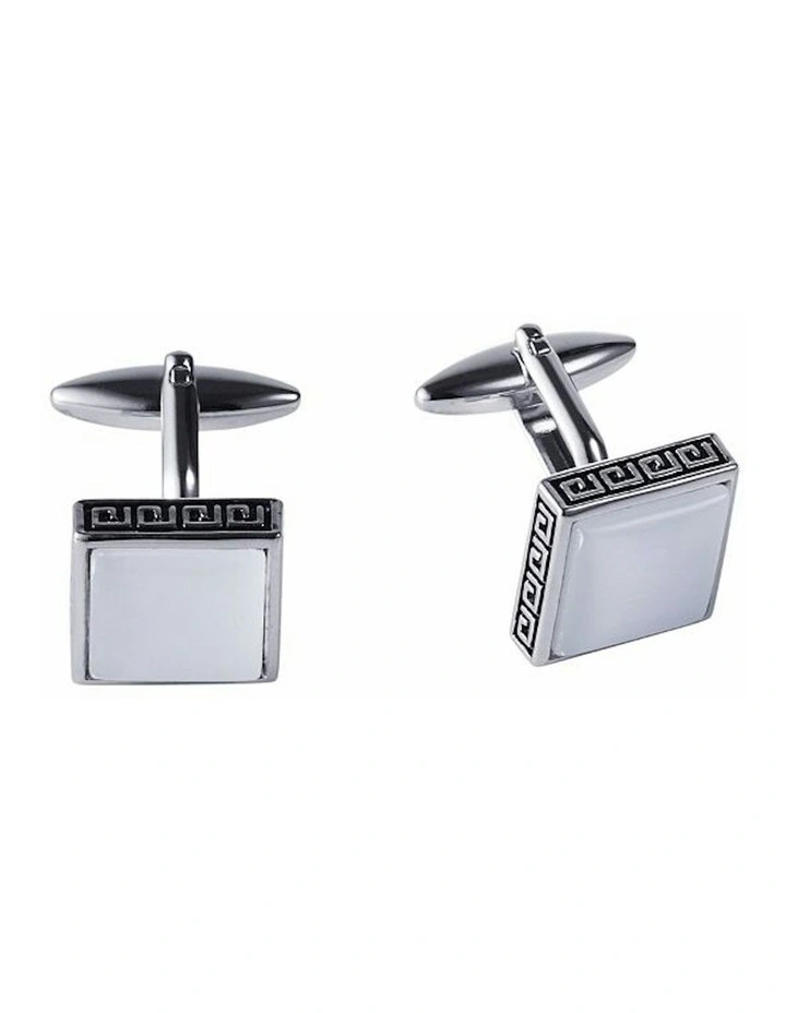 Square Cats Eye & Greek Key Boarder Cufflinks in White