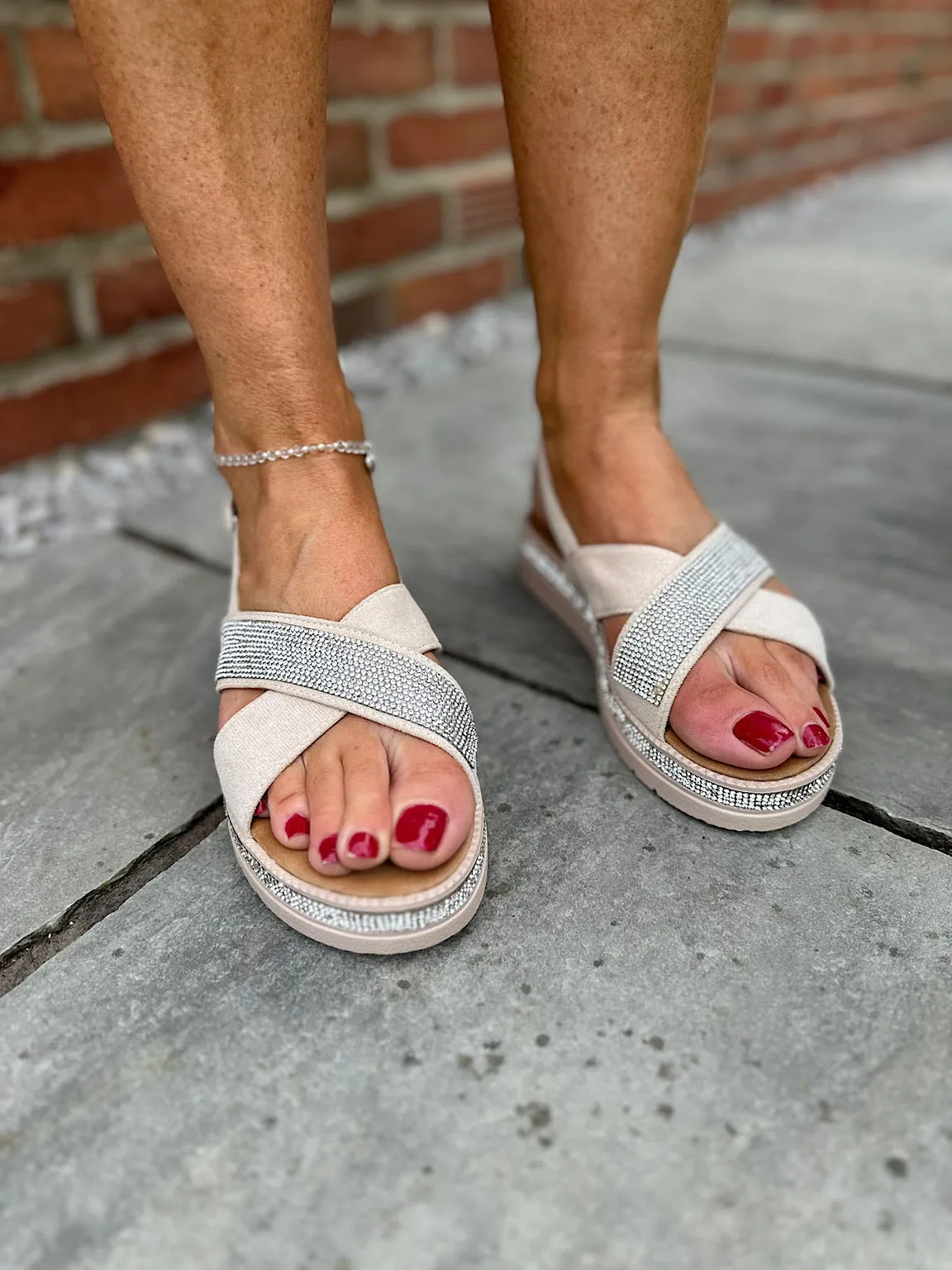 Stone Faux Suede Diamante Cross Over Sandals