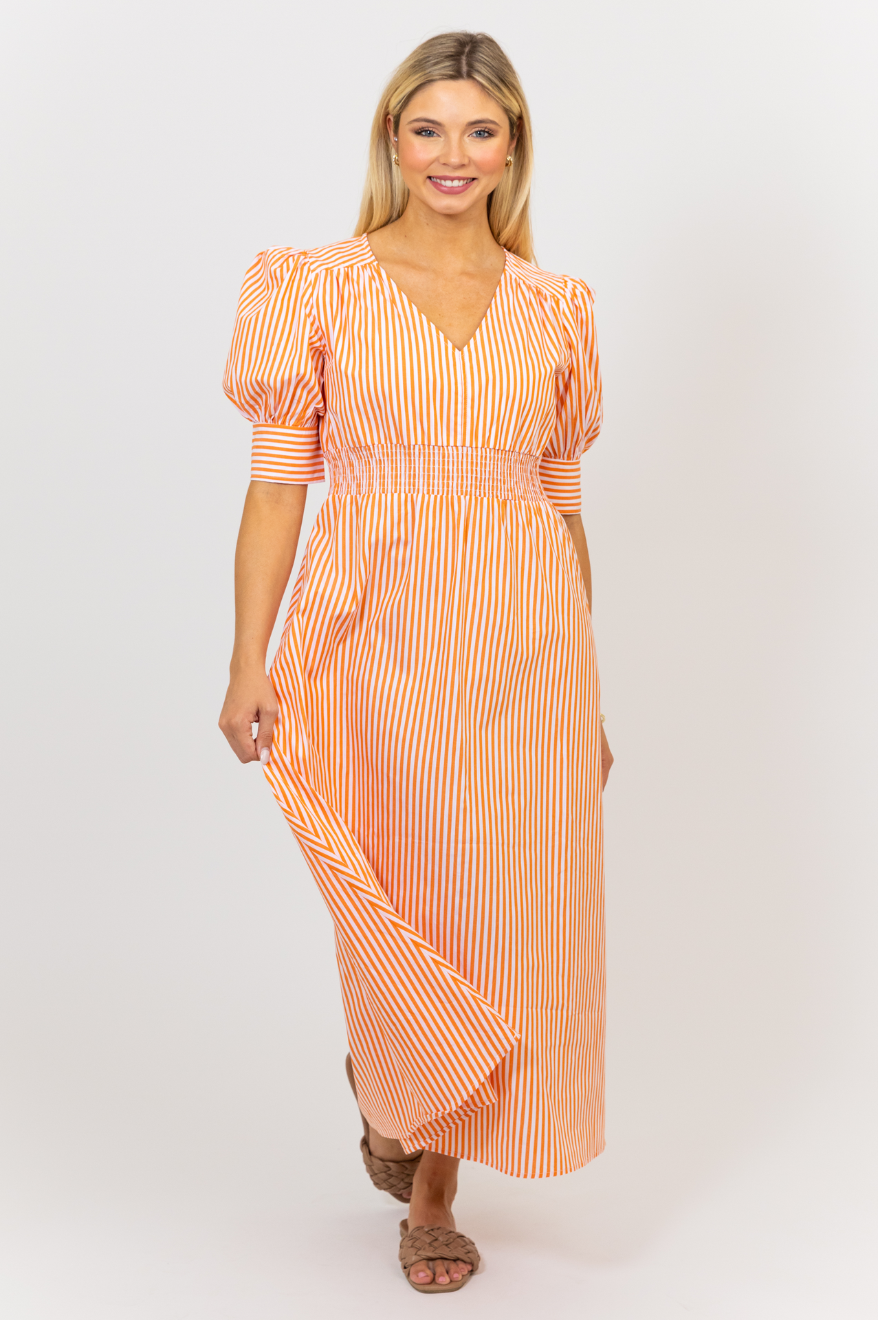 Stripe Poplin Vneck Dress