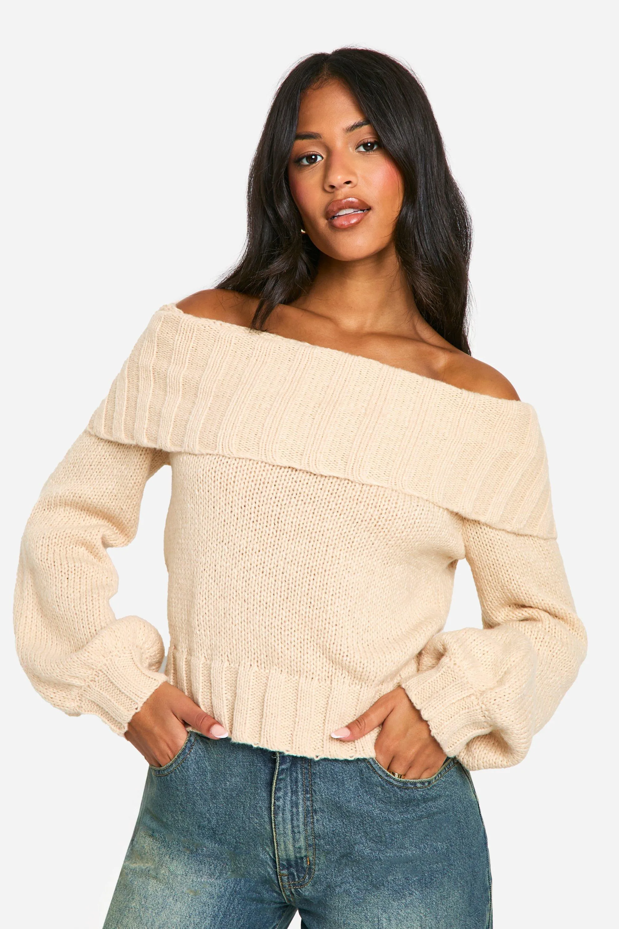 Tall Ribbed Off The Shoulder Balloon Sleeve Knitted Sweater