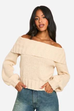 Tall Ribbed Off The Shoulder Balloon Sleeve Knitted Sweater