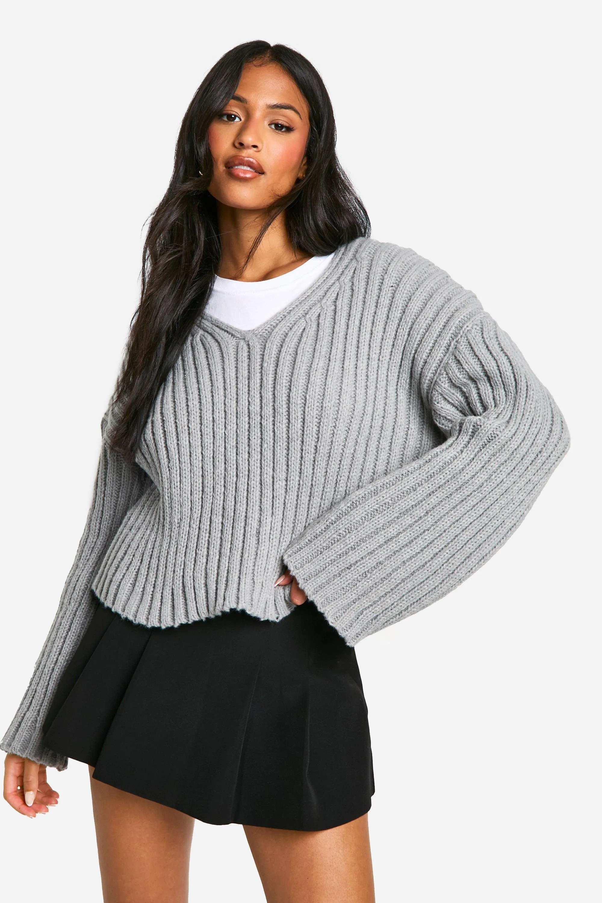 Tall Ribbed V Neck Cropped Knitted Sweater