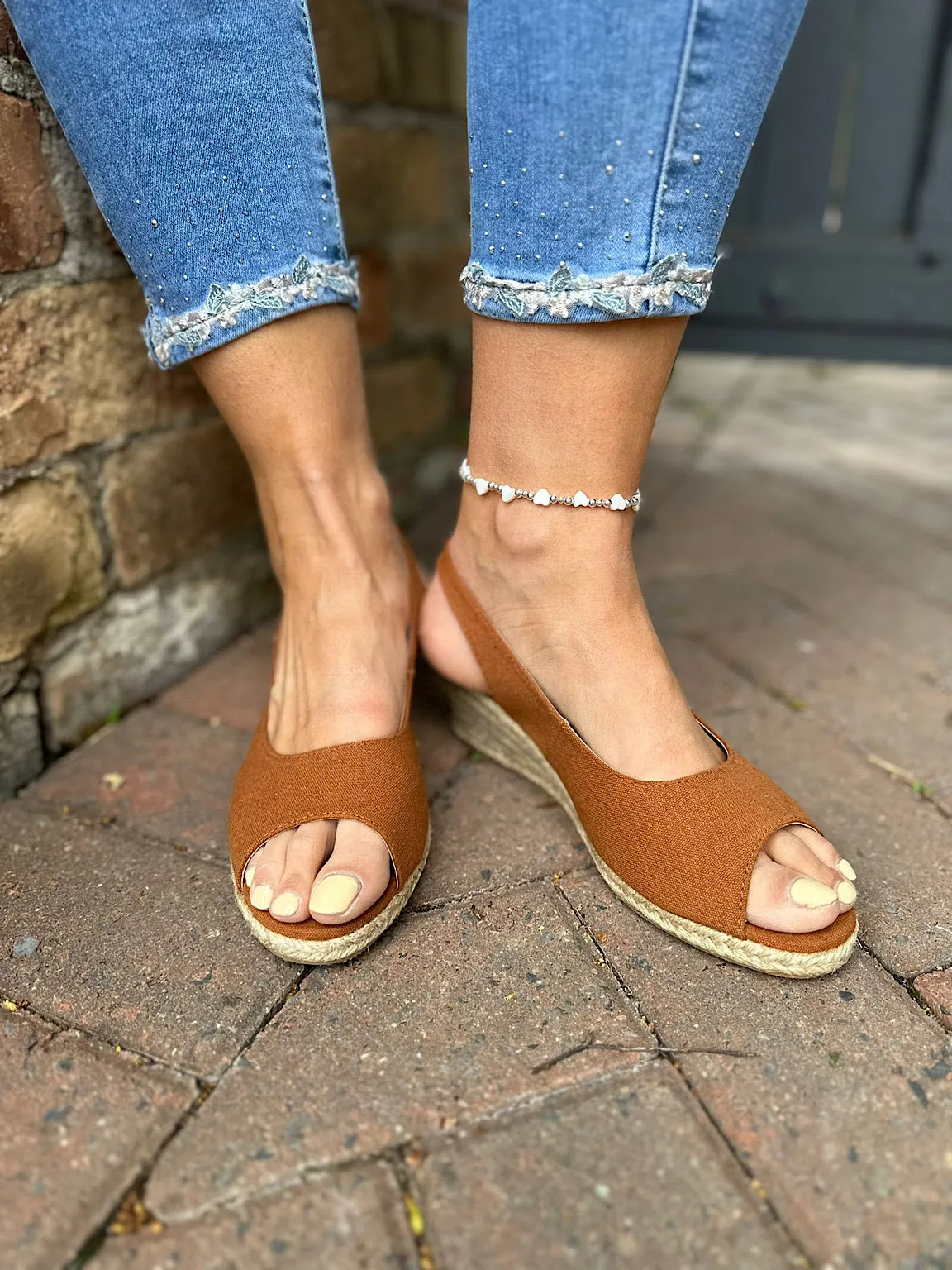 Tan Open Toe Canvas Wedge Sandals