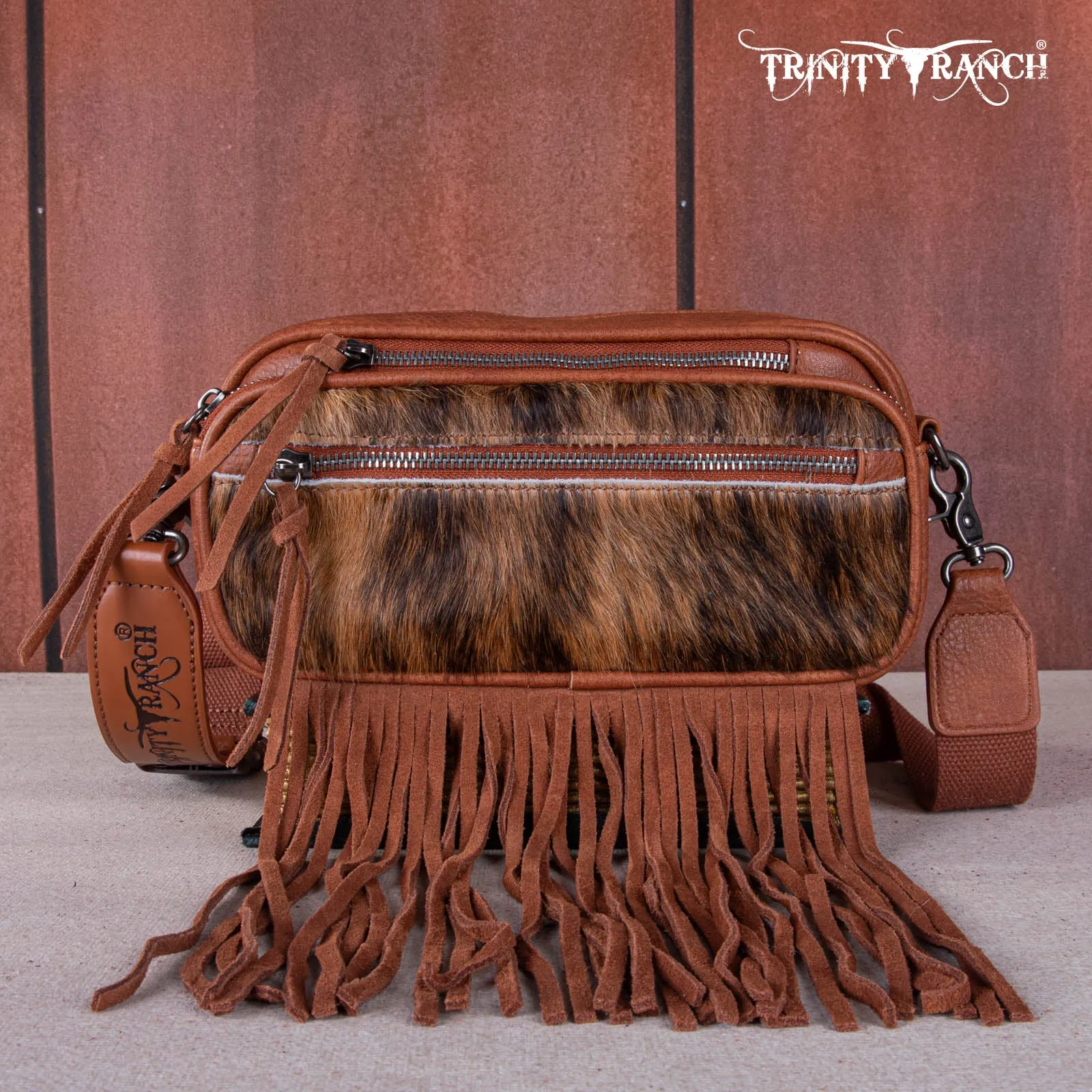 TR165-197  Trinity Ranch Genuine Hair-On Cowhide Triple Zippered Pocket Fringe Belt Bag