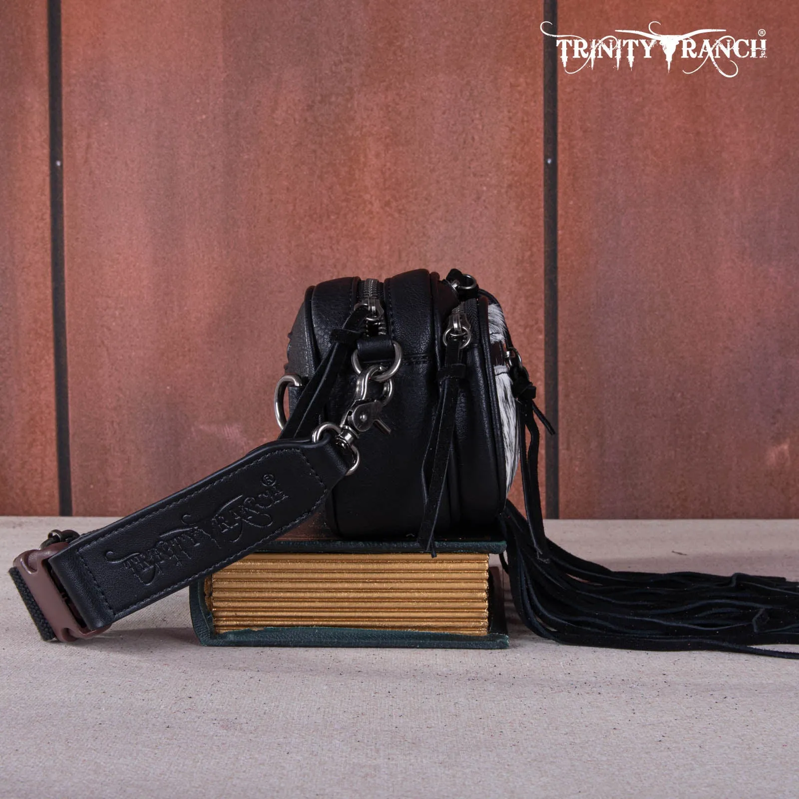 TR165-197  Trinity Ranch Genuine Hair-On Cowhide Triple Zippered Pocket Fringe Belt Bag