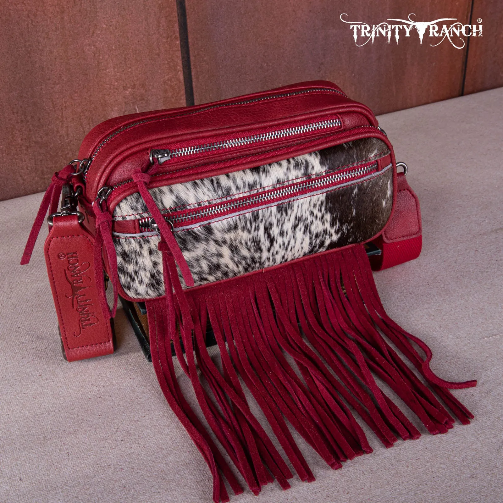 TR165-197  Trinity Ranch Genuine Hair-On Cowhide Triple Zippered Pocket Fringe Belt Bag