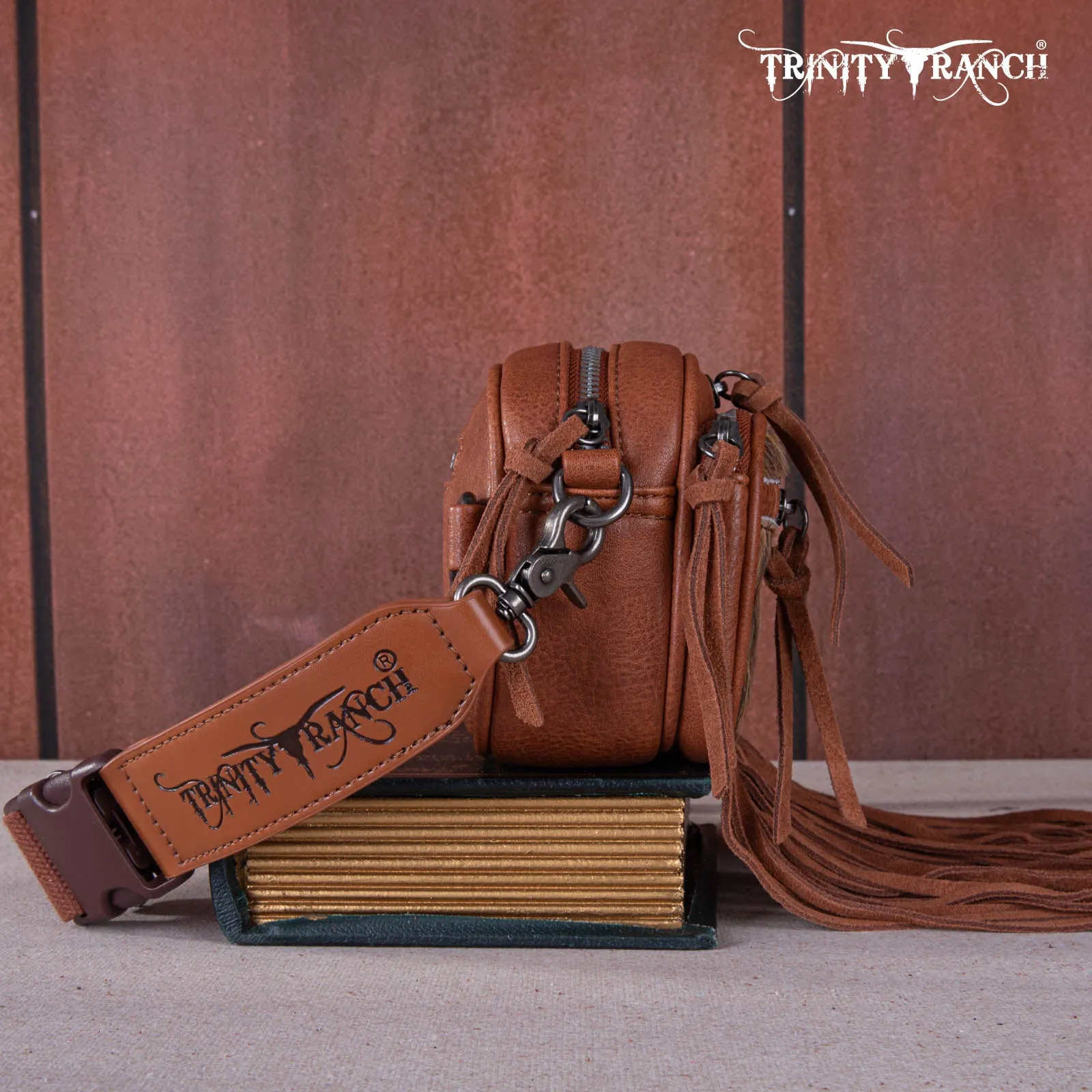 TR165-197  Trinity Ranch Genuine Hair-On Cowhide Triple Zippered Pocket Fringe Belt Bag