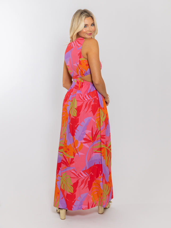 Tropical Vneck Cut-Out Maxi Dress