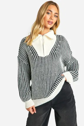 Two Tone Stripe Chunky Funnel Neck Sweater