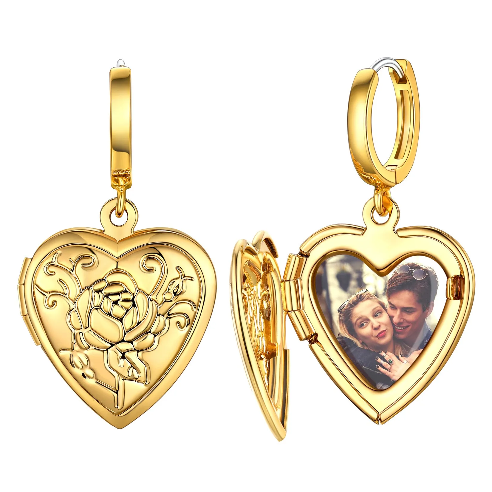 U7 Jewelry Engraved Rose Heart Photo Locket Earrings