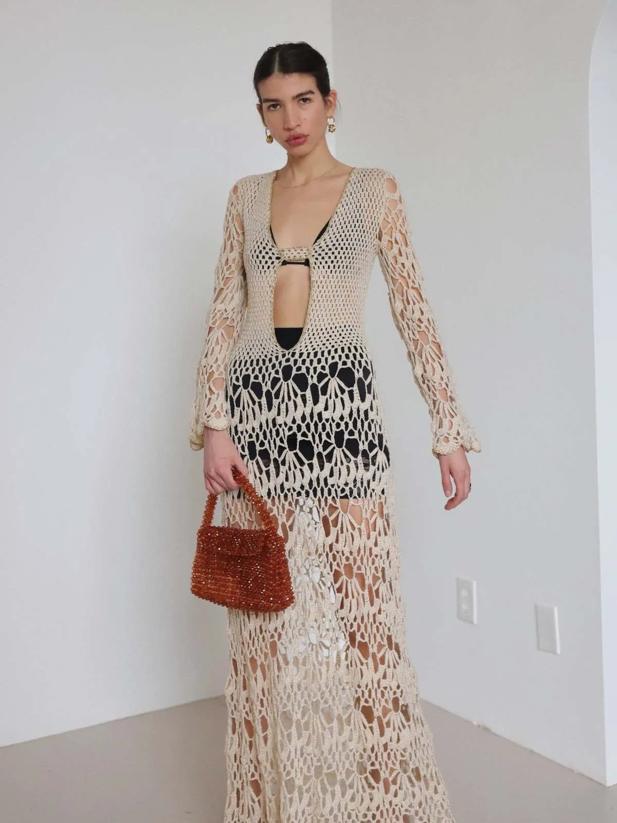 Vintage Crochet Lurex Maxi Dress - cream/gold