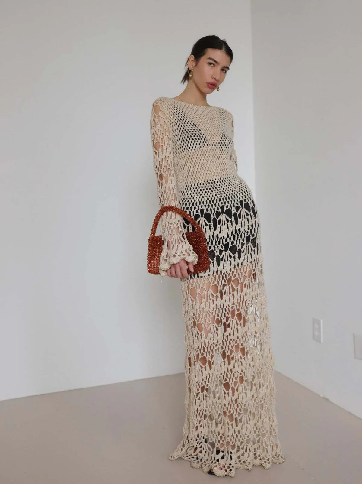 Vintage Crochet Lurex Maxi Dress - cream/gold