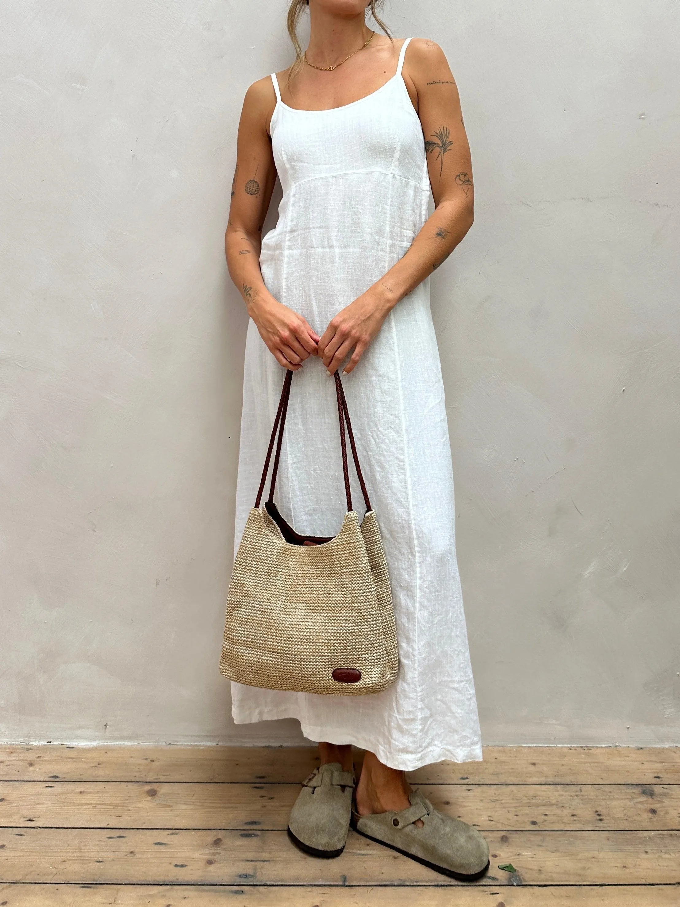 Vintage Leather & Straw Shoulder Bag