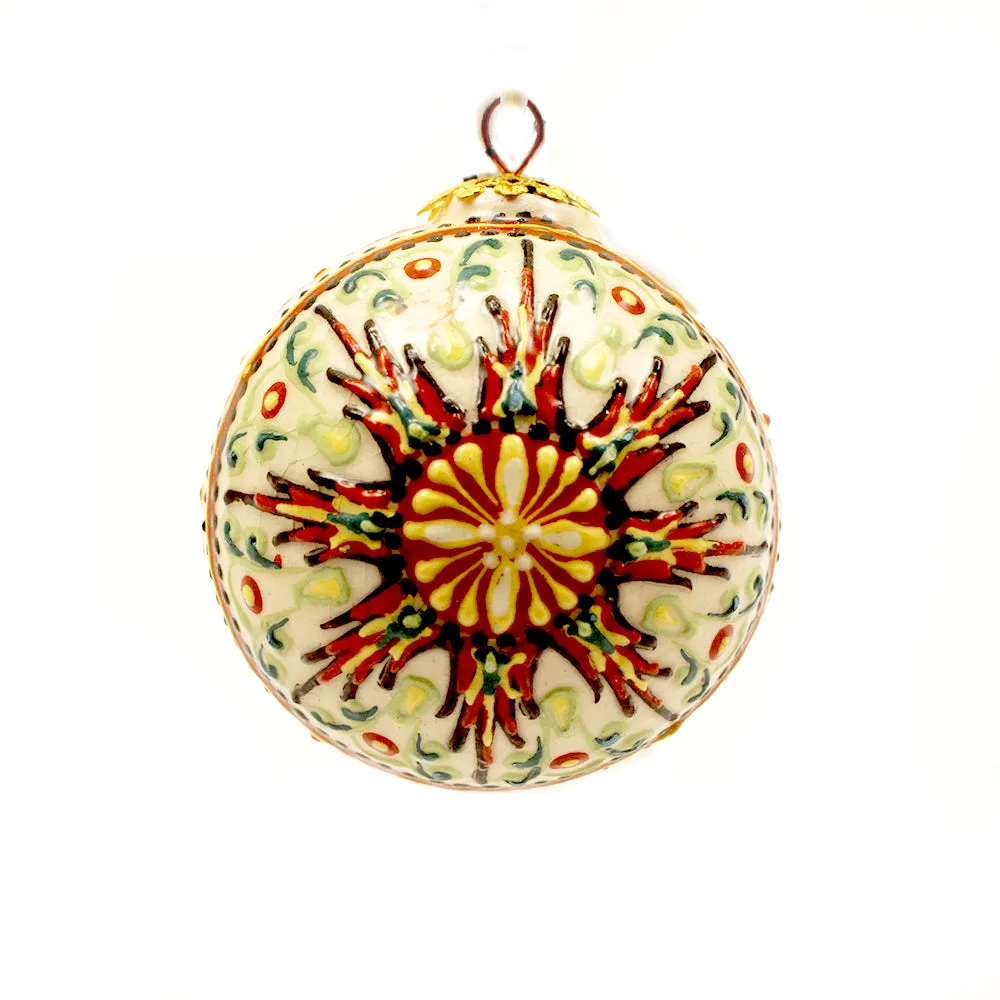 White Background Red/Green Geometrical Design on Small Ceramic Ornament