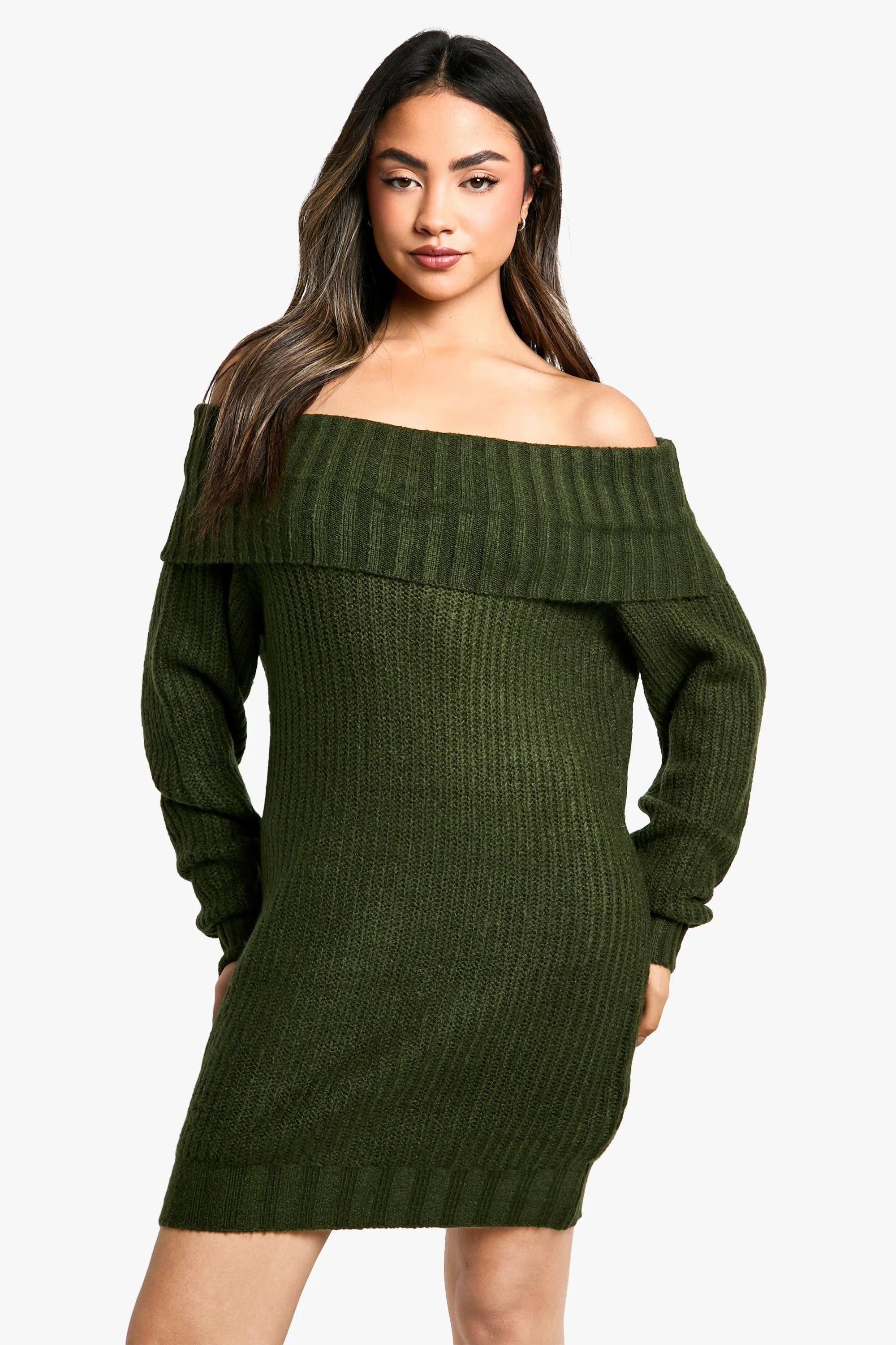 Wide Rib Off The Shoulder Neckline Mini Sweater Dress