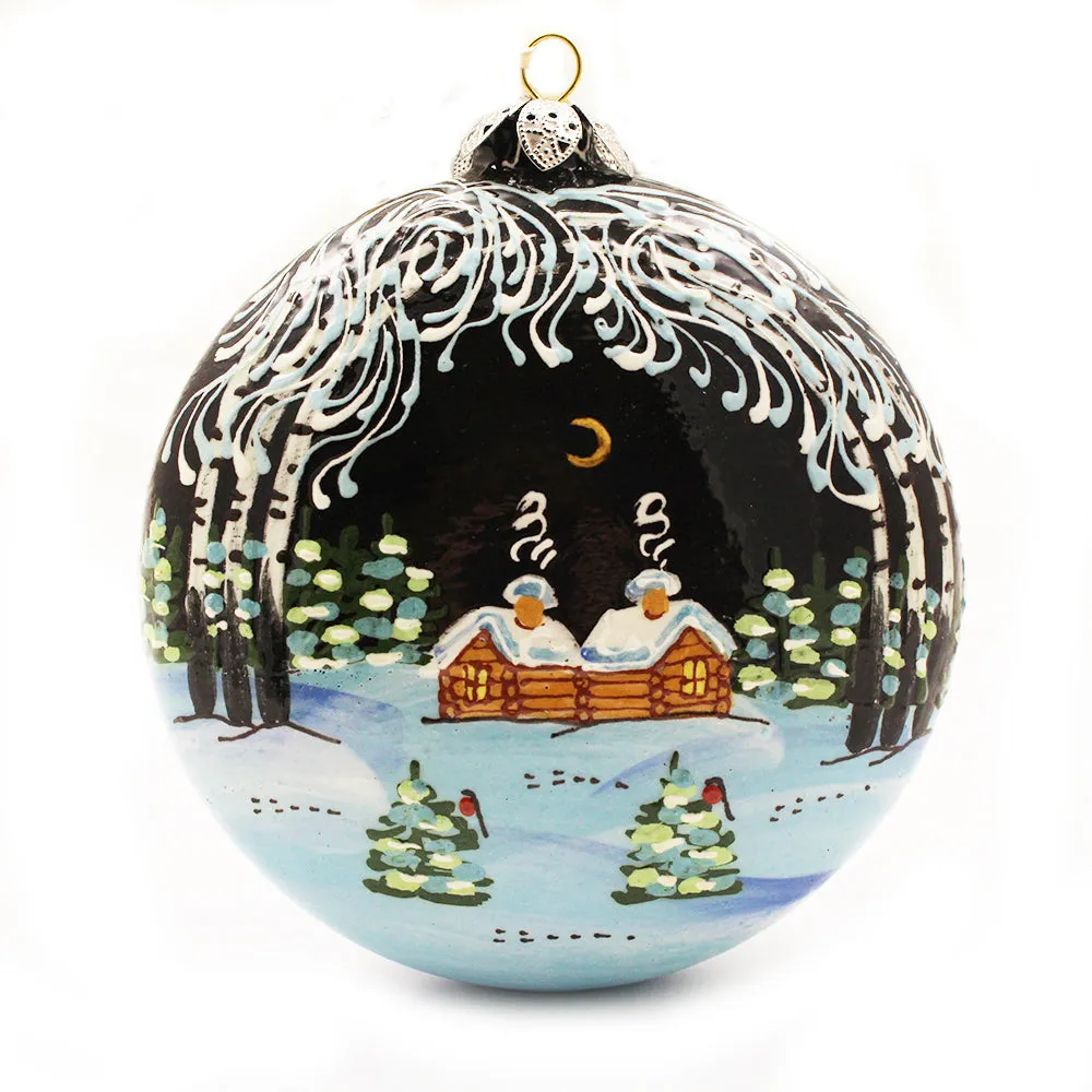 Winter Cabin Scene Round Ceramic Ornament