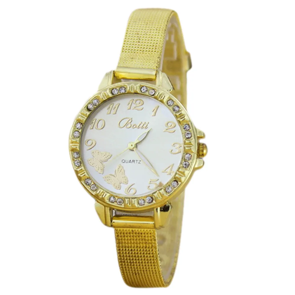 Women Gold Fine Belt Diamond Watch Butterfly Pattern Alloy Quartz Wrist Watch Dress Relogio Feminino Feida